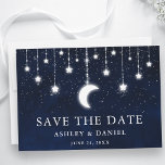 Celestial Moon Stars String Lights Save The Date<br><div class="desc">Celestial Save The Date engagement announcement card. Watercolor blue night sky with stars and the moon. Bokeh string lights.</div>