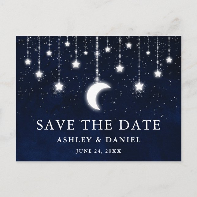 Celestial Moon Stars String Lights Save The Date Postcard (Front)