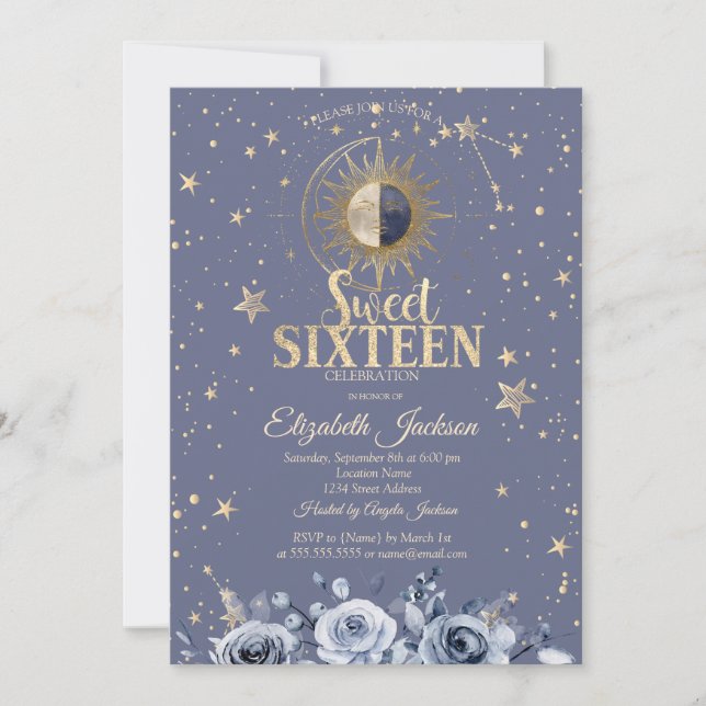 Celestial Moon Sun Moon Stars Lavander Sweet 16 Invitation (Front)