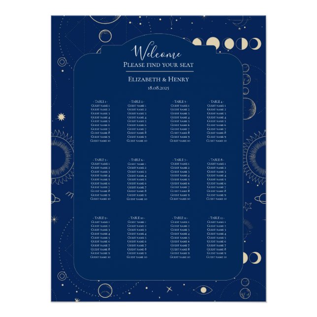 Celestial moon sun stars navy wedding seating plan poster (Front)