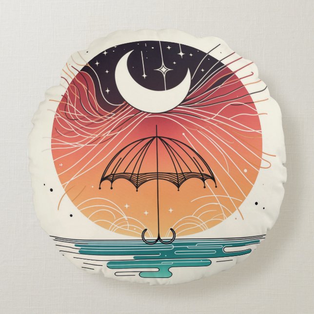 Celestial Moon Umbrella with Star Rain Art Round Cushion (Front)