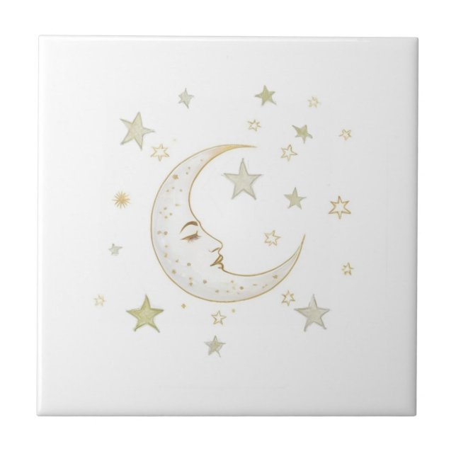 Celestial Moon with Face & Stars Gold Silver White Tile (Front)