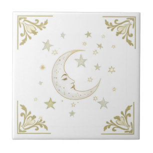 Celestial Moon with Face & Stars Gold White Delft Tile