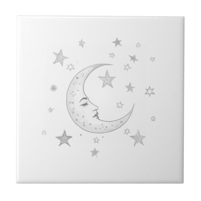 Celestial Moon with Face & Stars Silver and White Tile (Front)