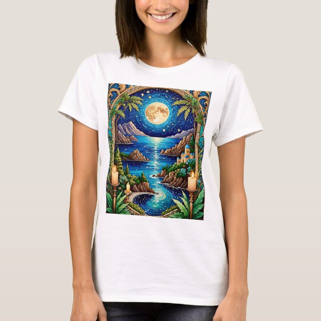 Celestial Moonlit Ocean Fantasy Landscape Art Tee (Front)