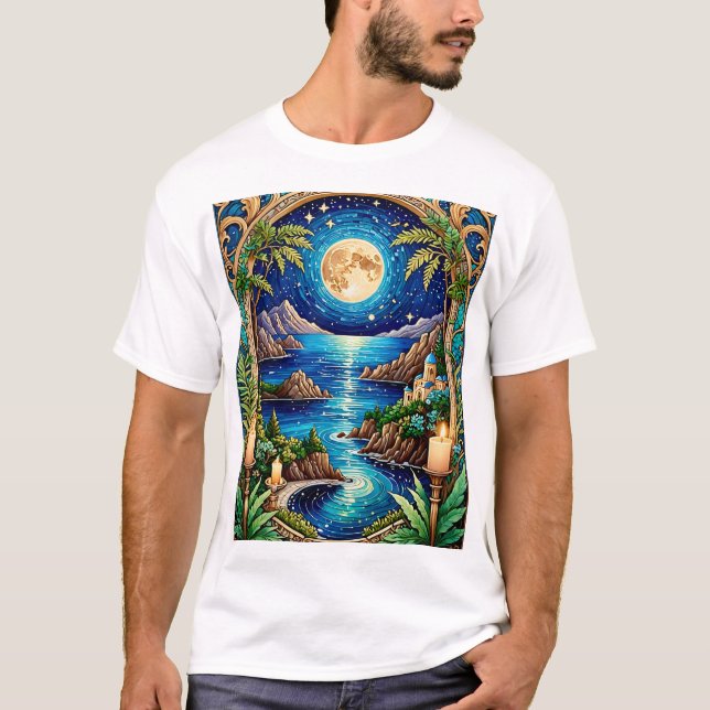 Celestial Moonlit Ocean Fantasy Landscape Art Tee (Front)