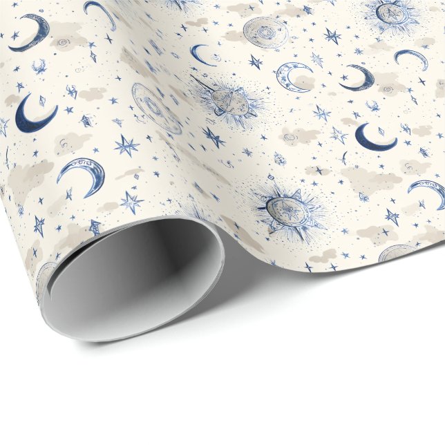 Celestial Moons & Stars Wrapping Paper Navy/Cream (Roll Corner)