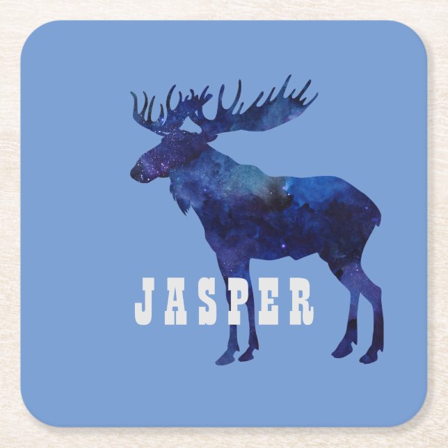 Celestial Moose Silhouette Custom Square Paper Coaster (Front)