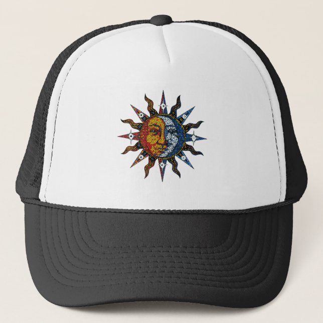 Celestial Mosaic Sun and Moon Trucker Hat (Front)