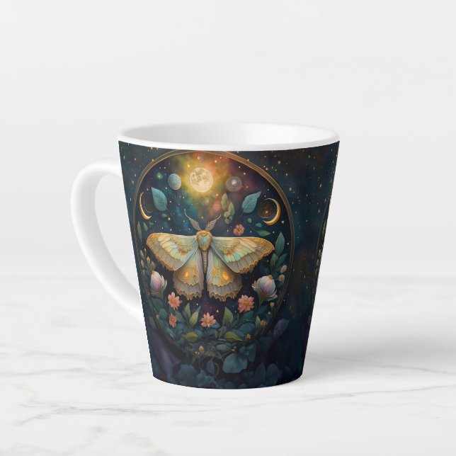 Celestial Moth and Moon Phases – Enchanted Night Latte Mug (Left Angle)
