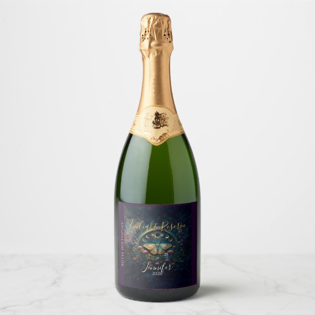 Celestial Moth and Moon Phases – Enchanted Night Sparkling Wine Label (Front)