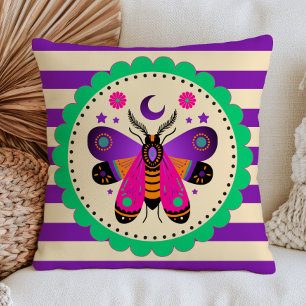 Celestial Moth Design on Purple Stripes Maximalist Cushion