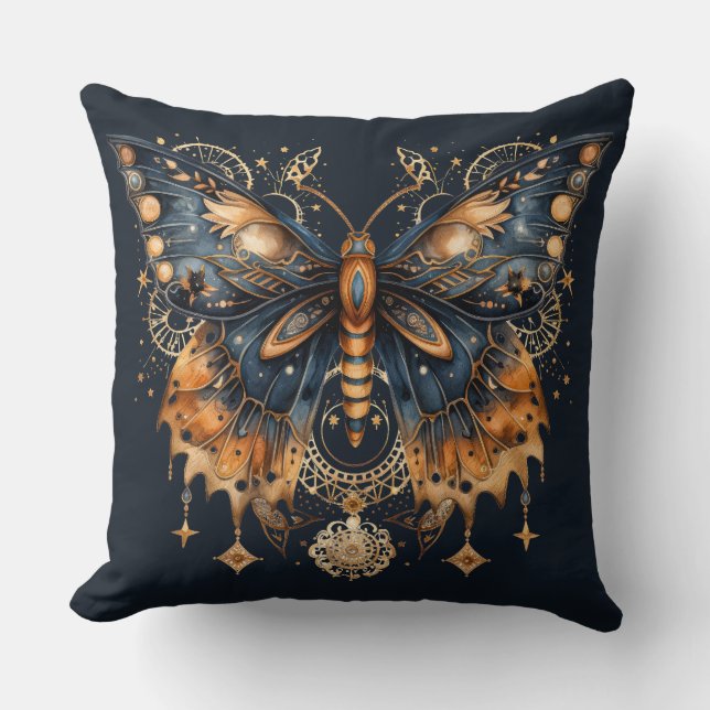 Celestial Moth – Golden Moon Throw Pillow (Front)