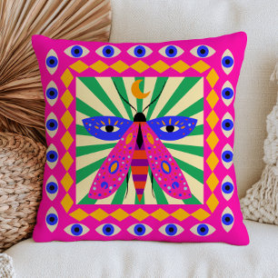 Celestial Moth Modern Evil Eyes Funky Maximalist Cushion