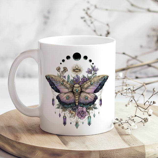 Celestial Moth Moon Phases  Large Coffee Mug (Celestial Moth Moon Phases Giant Coffee Mug on a boho kitchen table with tiny white flowers.)