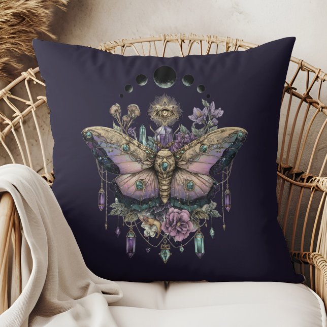 Celestial Moth Moon Phases Throw Pillow (Celestial Moth Moon Phases Throw Pillow in a boho rattan armchair)