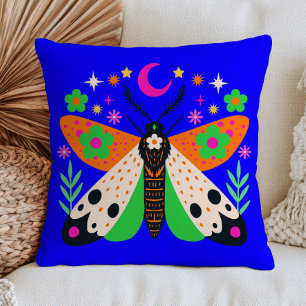Celestial Moth on Blue Maximalist Floral Insect Cushion