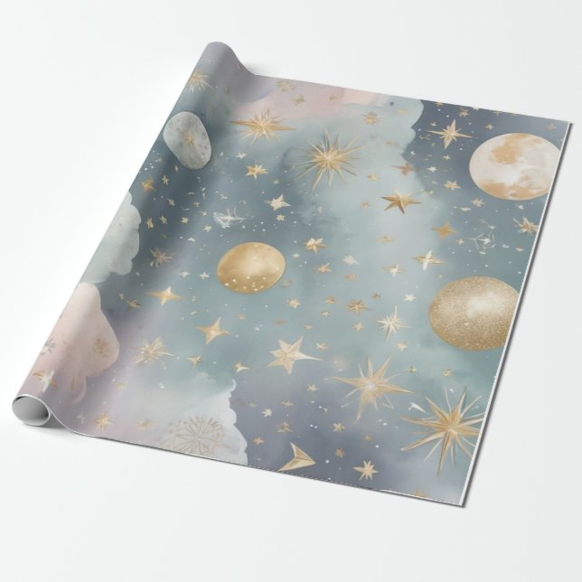Celestial motifs such as moons, stars wrapping paper (Unrolled)