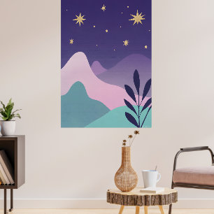 Celestial Mountain Night Sky Art Poster Purple &