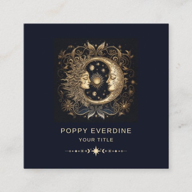 Celestial Mystic Moon Blue Gold  Square Business Card (Front)