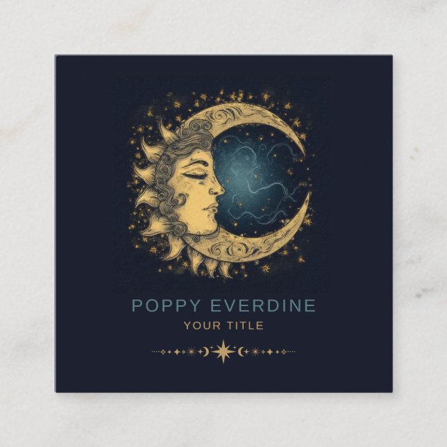 Celestial Mystic Moon Blue Gold  Square Business Card (Front)