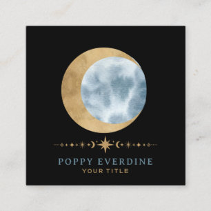Celestial Mystic Moon Blue Gold Square Business Card