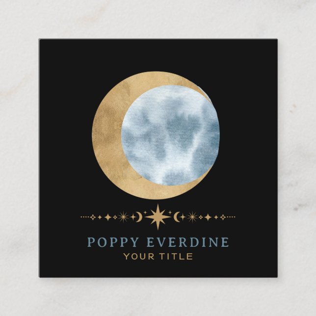 Celestial Mystic Moon Blue Gold  Square Business Card (Front)