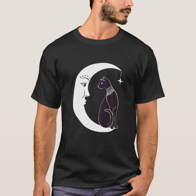 Celestial Mystical Black Cat Familiar Pagan Witchc T-Shirt (Front)