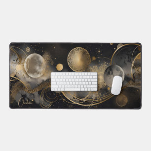 Celestial Mystical Black Gold Personalised Name Desk Mat