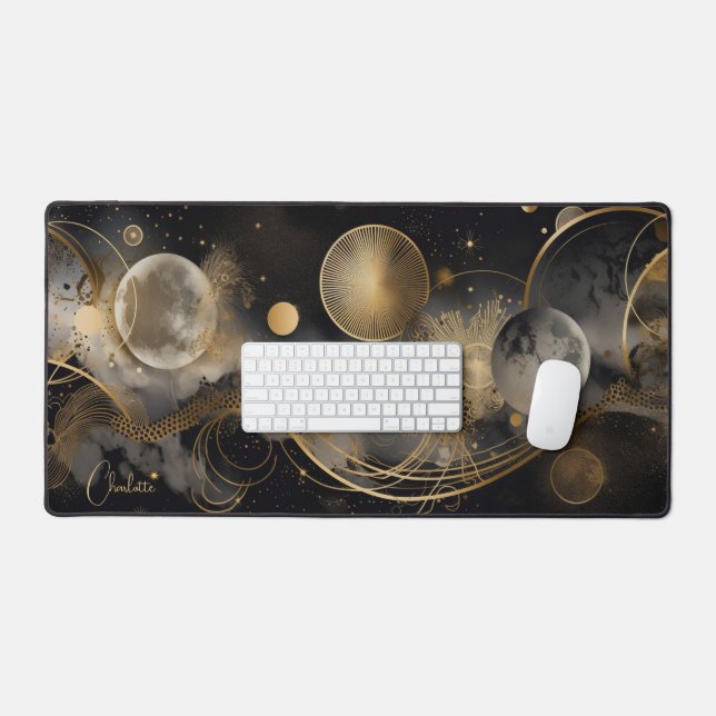 Celestial Mystical Black Gold Personalised Name Desk Mat (Keyboard & Mouse)