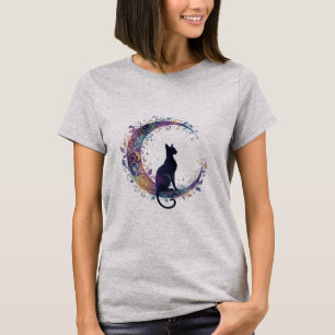 Celestial Mystical Cat & Crescent Moon Art Tshirt