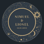 Celestial Mystical Elements Starsigns Envelope Classic Round Sticker<br><div class="desc">Designed to coordinate with our Celestial Mystic ollection,  this unique envelope seal sticker features gorgeous gold celestial elements on a dark navy background. For more advanced customisation of this design,  e.g. changing layout,  font or text size please click the "CUSTOMIZE" button above. Please contact me for any questions!</div>