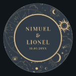 Celestial Mystical Elements Starsigns Envelope Classic Round Sticker<br><div class="desc">Designed to coordinate with our Celestial Mystic ollection,  this unique envelope seal sticker features gorgeous gold celestial elements on a dark navy background. For more advanced customisation of this design,  e.g. changing layout,  font or text size please click the "CUSTOMIZE" button above. Please contact me for any questions!</div>