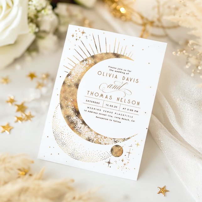 Celestial Mystical Moon Starry Night Boho Wedding Invitation (Celestial Stars Moon White Wedding Invitations)
