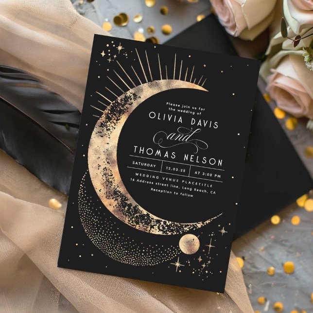 Celestial Mystical Moon Starry Night Boho Wedding Invitation (Black Celestial Wedding Invitations)