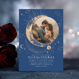 Celestial Mystical Moon Starry Night Wedding Photo Invitation