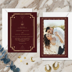 Celestial Mystical Moon Stars Burgundy Wedding  Invitation