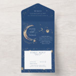 Celestial Mystical Moon Stars Halo Wedding All In One Invitation<br><div class="desc">This navy blue and gold wedding invitation marks the commencement of your splendid matrimonial voyage. It thoughtfully combines the core invitation with a detachable RSVP card and a section for wedding details, including your web address, presenting a harmonious blend of elegance and luxury. Decorated with motifs of the cosmos, such...</div>