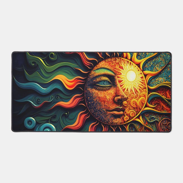 Celestial Mystical Painted Artsy Sun Face Desk Mat (Front)