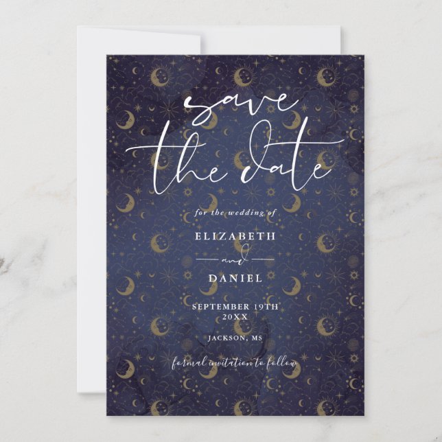 Celestial Mystical Stars And Moon QR Code Wedding Save The Date (Front)