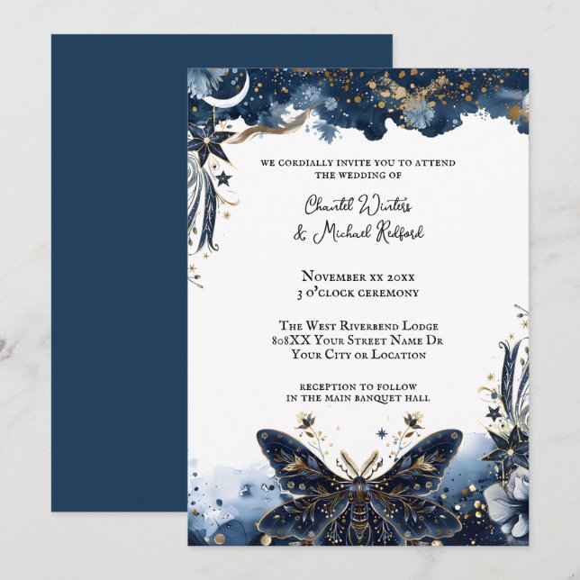Celestial Navy Blue and Gold Moth Romantic Wedding Invitation (Front/Back)