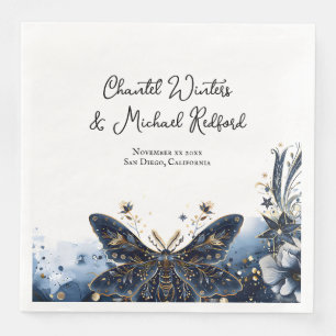 Celestial Navy Blue and Gold Moth Wedding Welcome Napkin