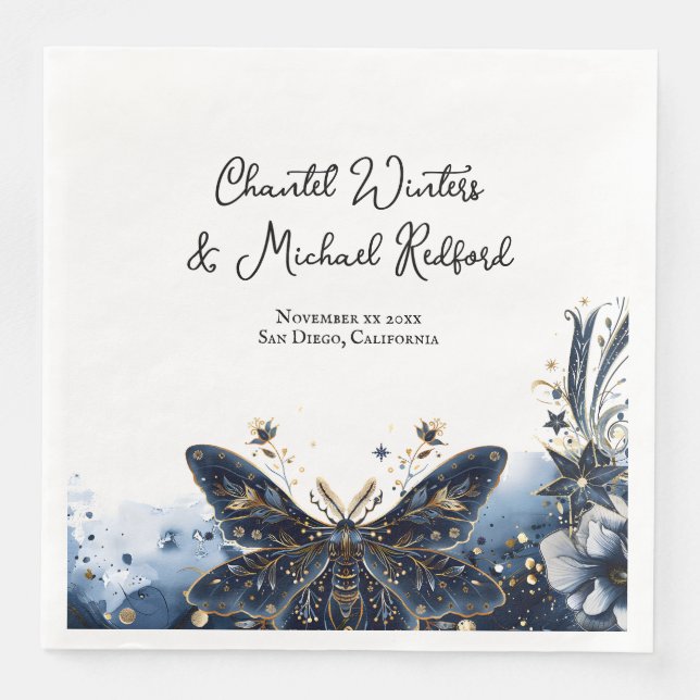 Celestial Navy Blue and Gold Moth Wedding Welcome Napkin (Front)