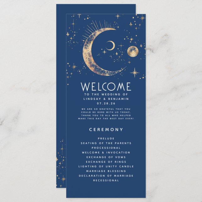Celestial Navy Blue and Gold Wedding Programs Programme (Front/Back)