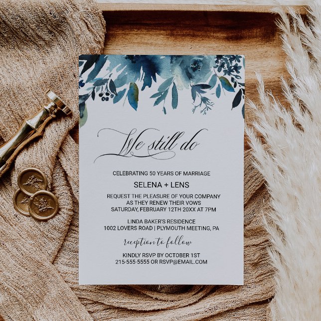 Celestial Navy Blue Floral Vow Renewal Invitation (Creator Uploaded)