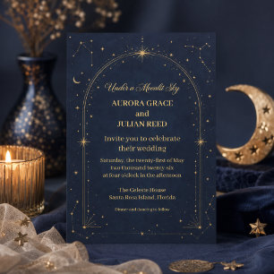 Celestial Navy Blue Gold Moon Wedding Invitation