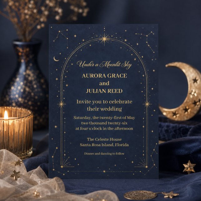 Celestial Navy Blue Gold Moon Wedding Invitation (Creator Uploaded)