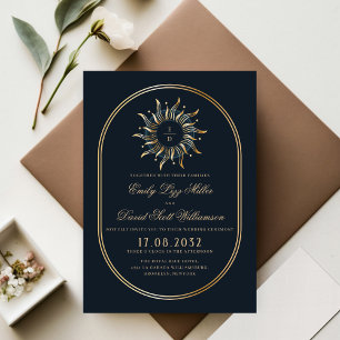 Celestial Navy Blue Gold Mystical Monogram  Invitation