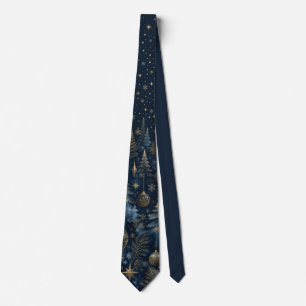Celestial Navy Blue Gold Star Winter Forest Tie
