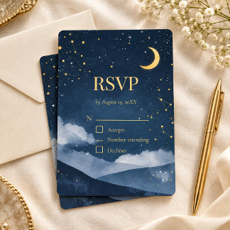 Celestial Navy Blue Gold Stars Wedding RSVP Card